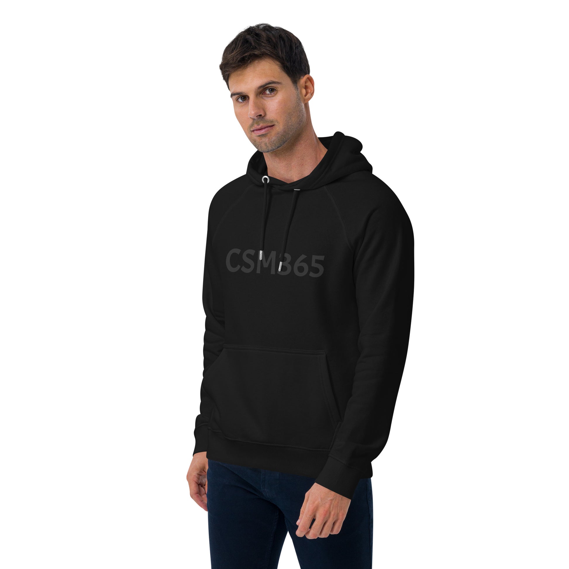 CSM365 Blackout Clutch Hoodie worn by a model, showcasing its stylish and comfortable design. Perfect for any casual outfit.