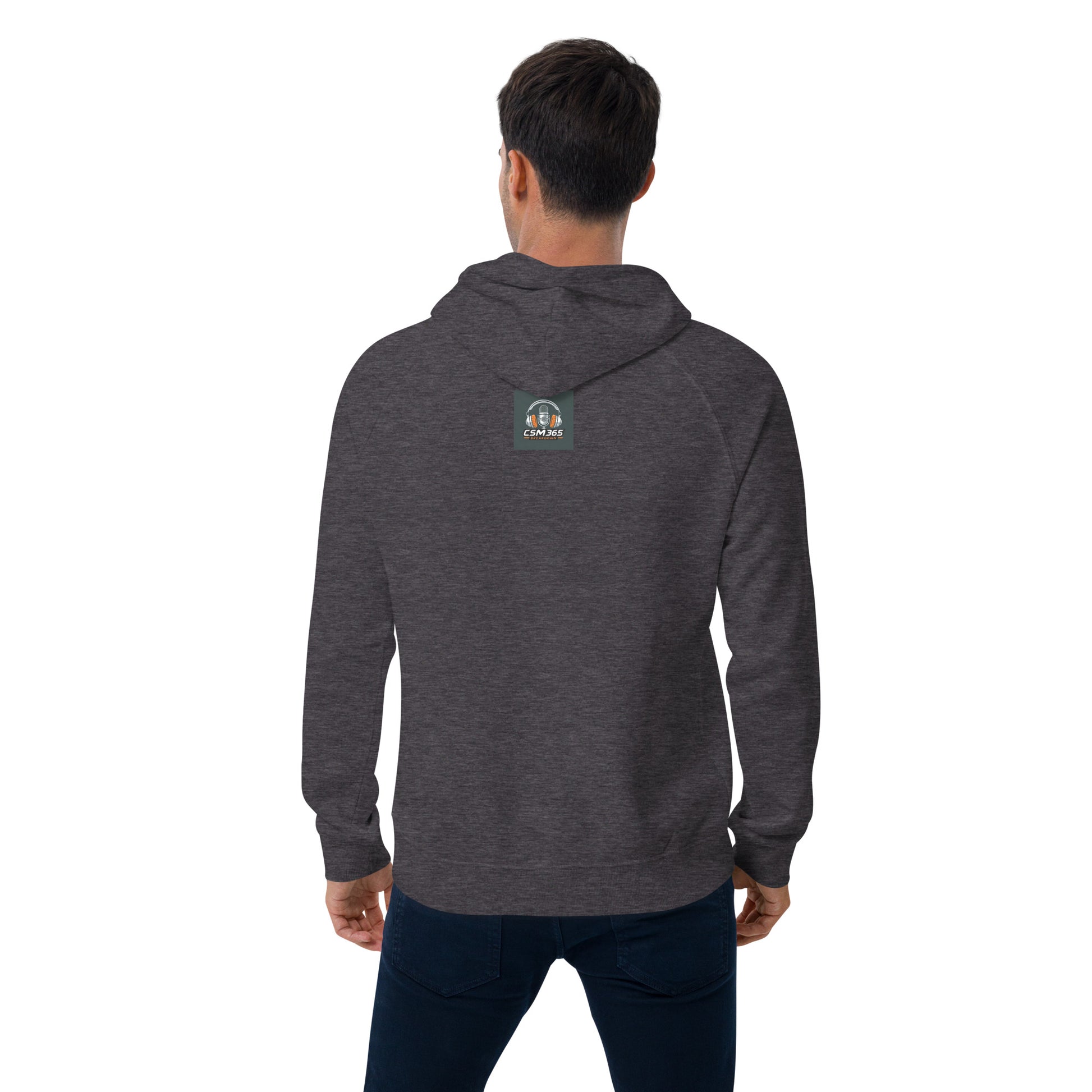 Unisex eco raglan CSM365 Blackout Clutch Hoodie in charcoal melange, perfect for style and comfort.